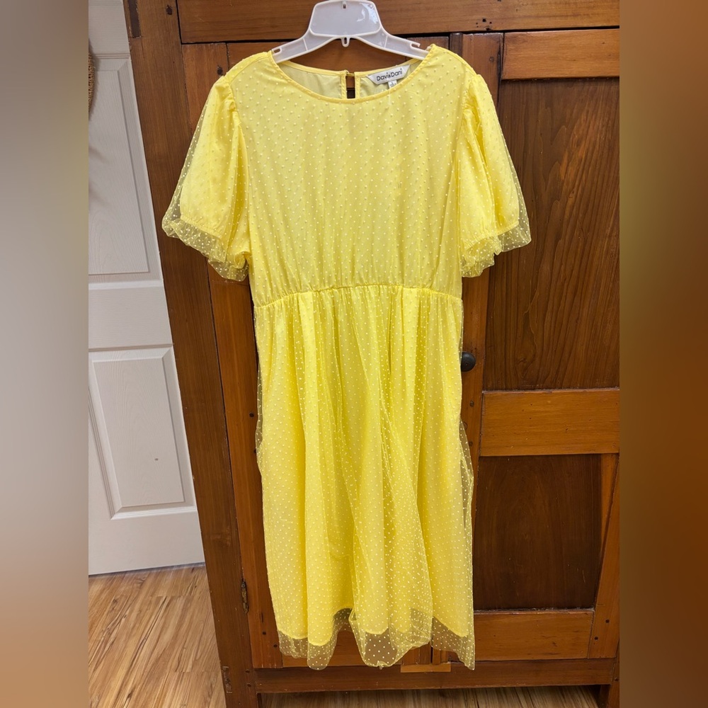 Davi & Dani Yellow Swiss Dot Midi Dress | Puff Sleeve Sheer Overlay | Size L